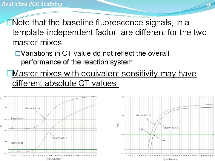 Real-Time PCR Training 46 �Note that the baseline fluorescence signals, in a template independent