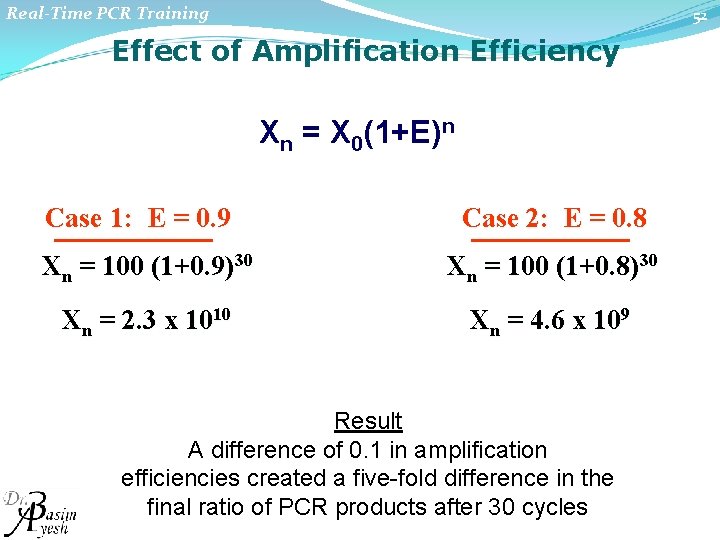 Real-Time PCR Training 52 Effect of Amplification Efficiency Xn = X 0(1+E)n Case 1: