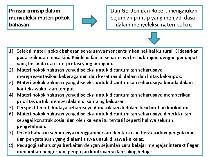 Prinsip-prinsip dalam menyeleksi materi pokok bahasan Dari Gordon dan Robert mengajukan sejumlah prinsip yang