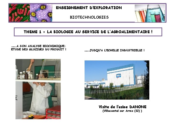 ENSEIGNEMENT D’EXPLORATION BIOTECHNOLOGIES THEME 1 = LA BIOLOGIE AU SERVICE DE L’AGROALIMENTAIRE ! …….