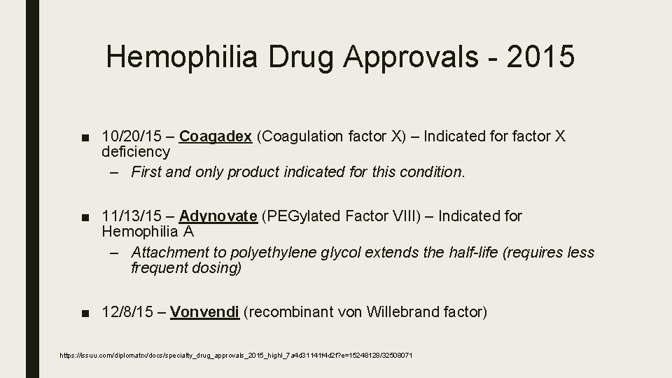 Hemophilia Drug Approvals - 2015 ■ 10/20/15 – Coagadex (Coagulation factor X) – Indicated