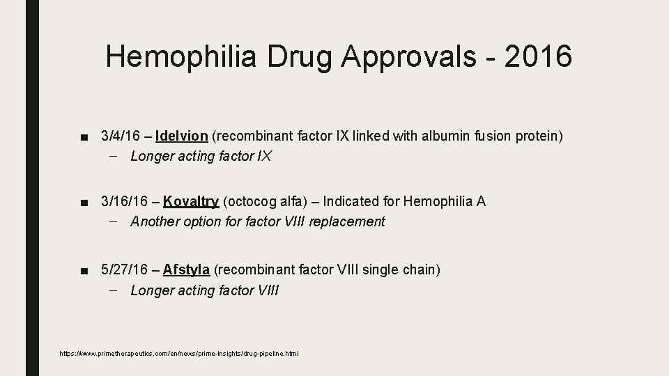 Hemophilia Drug Approvals - 2016 ■ 3/4/16 – Idelvion (recombinant factor IX linked with