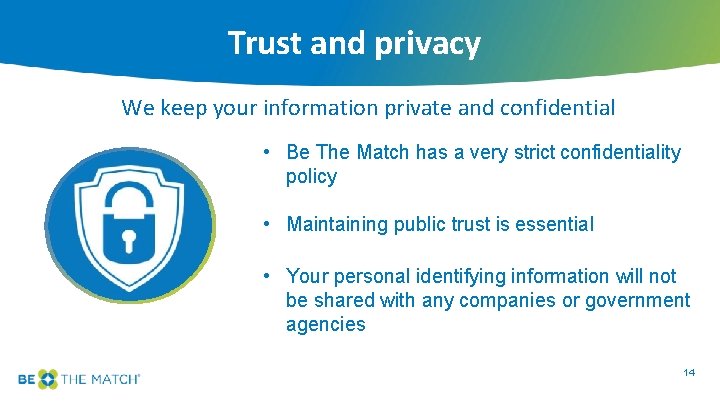 Trust and privacy We keep your information private and confidential • Be The Match