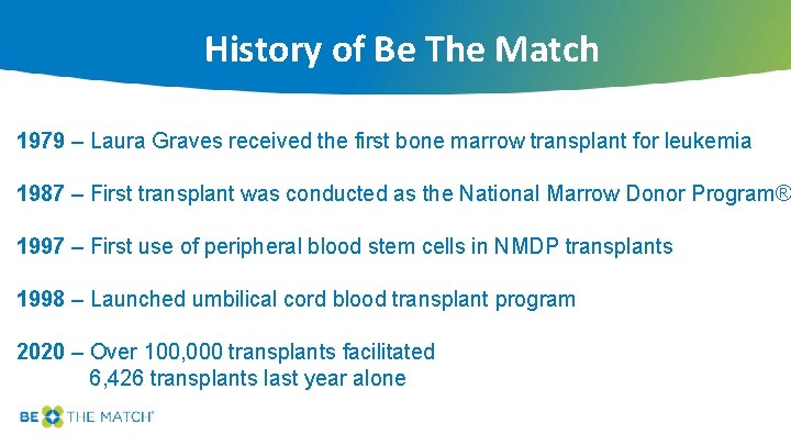 History of Be The Match 1979 – Laura Graves received the first bone marrow