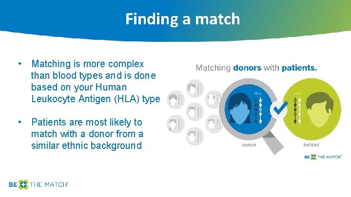 Finding a match • Matching is more complex than blood types and is done