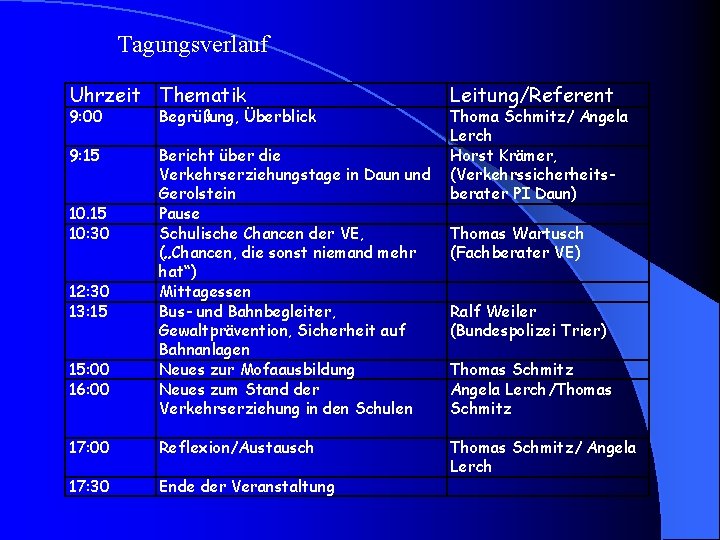 Tagungsverlauf Uhrzeit Thematik 9: 00 Begrüßung, Überblick 9: 15 Bericht über die Verkehrserziehungstage in