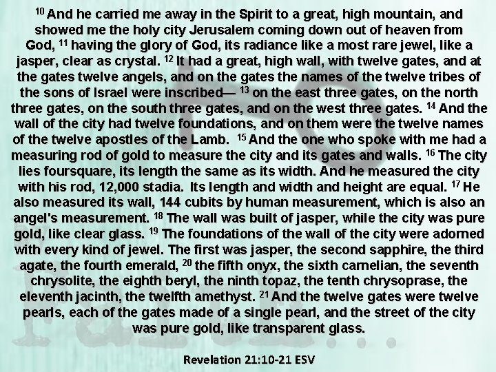 10 And he carried me away in the Spirit to a great, high mountain,