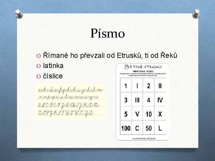 Písmo O Římané ho převzali od Etrusků, ti od Řeků O latinka O číslice