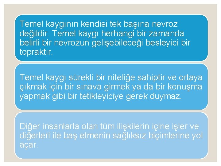 Temel kaygının kendisi tek başına nevroz değildir. Temel kaygı herhangi bir zamanda belirli bir