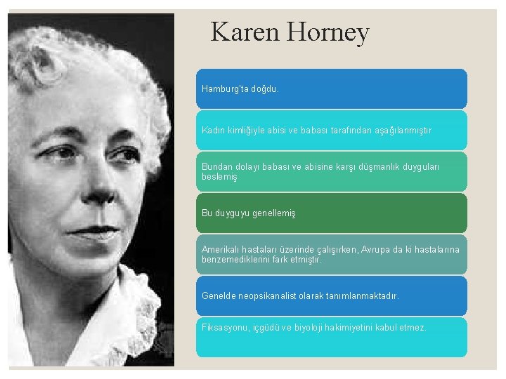 Karen Horney Hamburg’ta doğdu. Kadın kimliğiyle abisi ve babası tarafından aşağılanmıştır Bundan dolayı babası