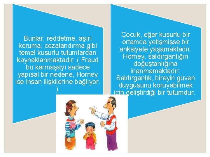 Bunlar; reddetme, aşırı koruma, cezalandırma gibi temel kusurlu tutumlardan kaynaklanmaktadır. ( Freud bu karmaşayı