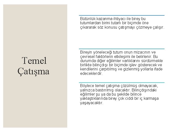 Bütünlük kazanma ihtiyacı ile birey bu tutumlardan birini tutarlı bir biçimde öne çıkararak söz