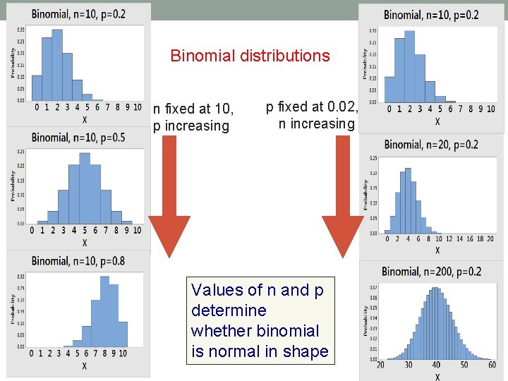 13 Binomial distributions n fixed at 10, p increasing p fixed at 0. 02,