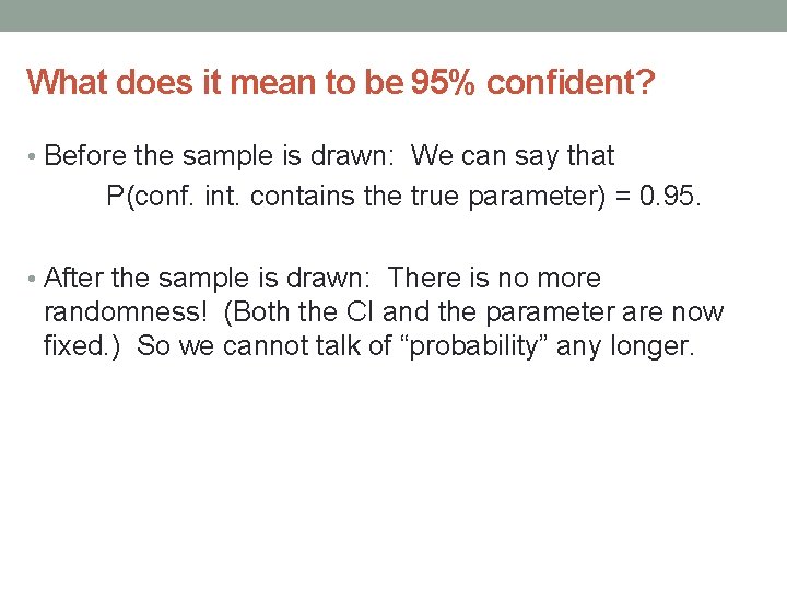 What does it mean to be 95% confident? • Before the sample is drawn: