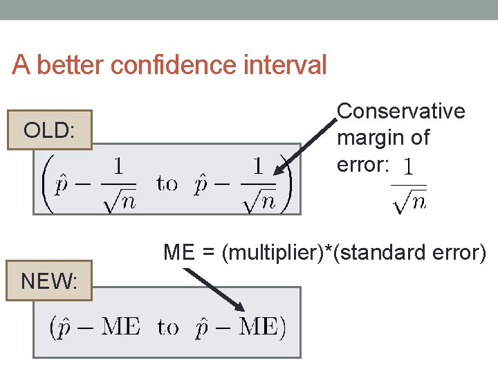 A better confidence interval OLD: Conservative margin of error: ME = (multiplier)*(standard error) NEW: