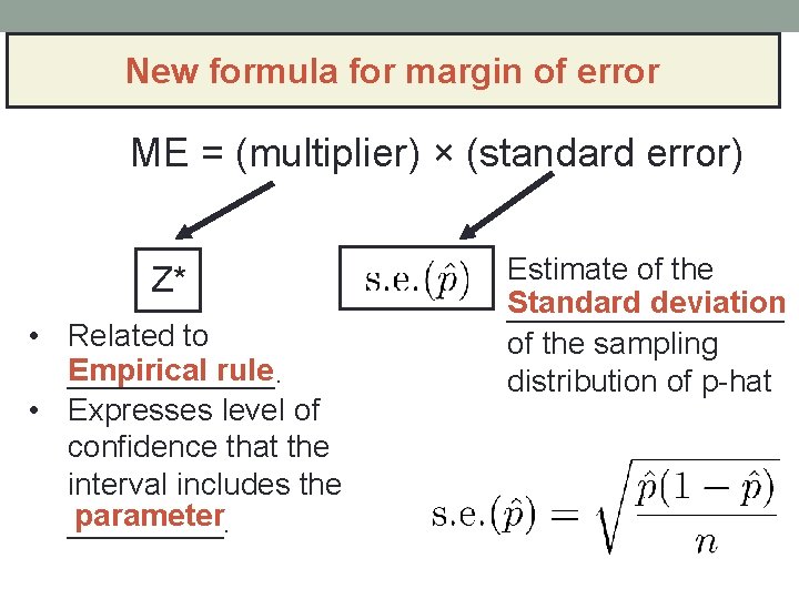 New formula for margin of error ME = (multiplier) × (standard error) Z* •