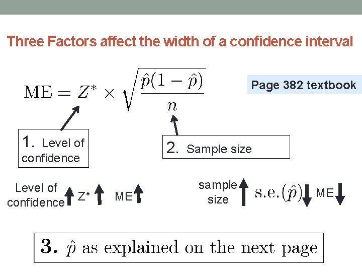 Three Factors affect the width of a confidence interval Page 382 textbook 1. Level