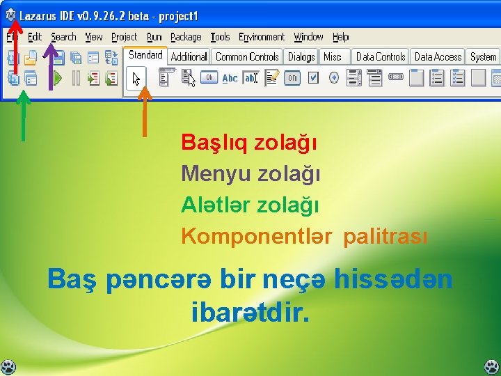 Baş pəncərə Başlıq zolağı Menyu zolağı Alətlər zolağı Komponentlər palitrası Baş pəncərə bir neçə