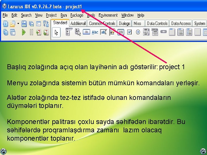 Başlıq zolağında açıq olan layihənin adı göstərilir: project 1 Menyu zolağında sistemin bütün mümkün