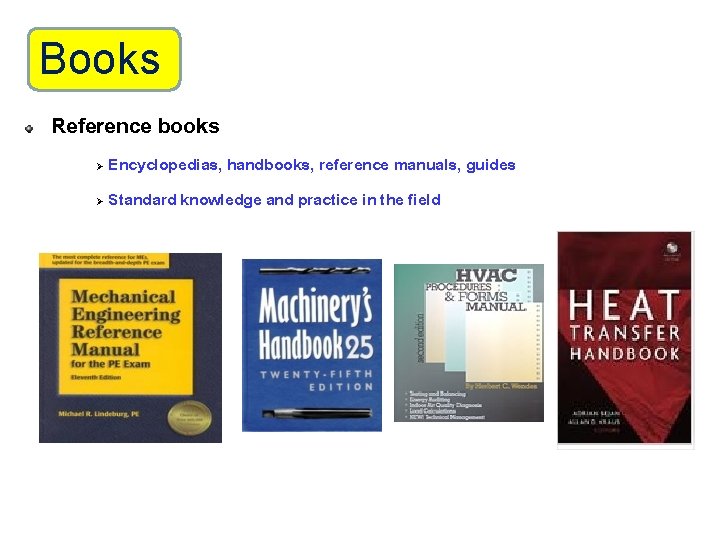 Books Reference books Encyclopedias, handbooks, reference manuals, guides Ø Standard knowledge and practice in