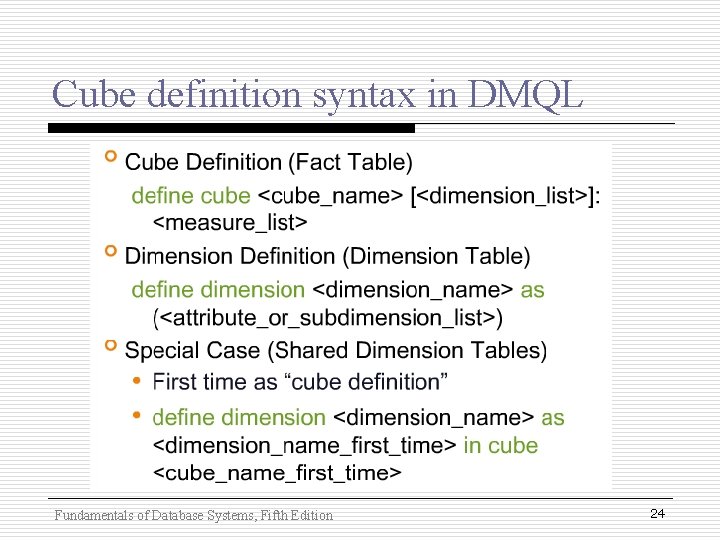 Cube definition syntax in DMQL Fundamentals of Database Systems, Fifth Edition 24 Cube definition syntax in DMQL Fundamentals of Database Systems, Fifth Edition 24
