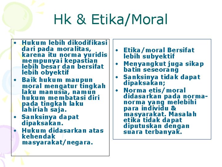 Hk & Etika/Moral • Hukum lebih dikodifikasi dari pada moralitas, karena itu norma yuridis