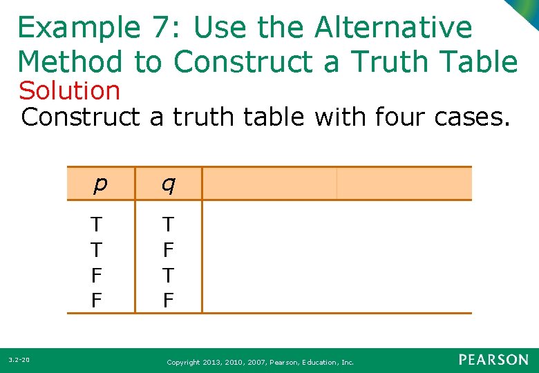 Example 7: Use the Alternative Method to Construct a Truth Table Solution Construct a