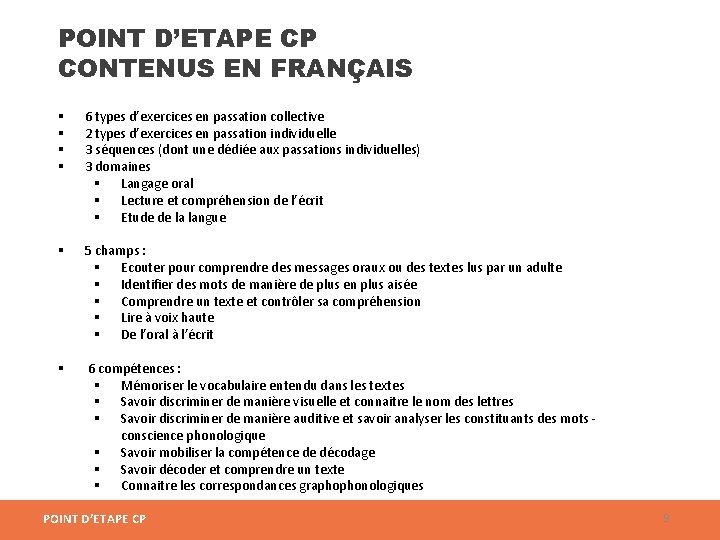 POINT D’ETAPE CP CONTENUS EN FRANÇAIS 6 types d’exercices en passation collective 2 types