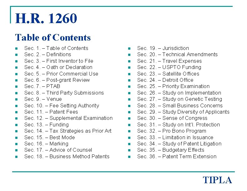 H. R. 1260 Table of Contents n n n n n Sec. 1. –