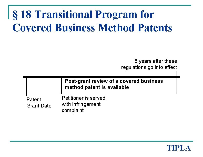 § 18 Transitional Program for Covered Business Method Patents 8 years after these regulations