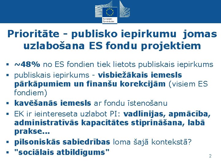Prioritāte - publisko iepirkumu jomas uzlabošana ES fondu projektiem § ~48% no ES fondien
