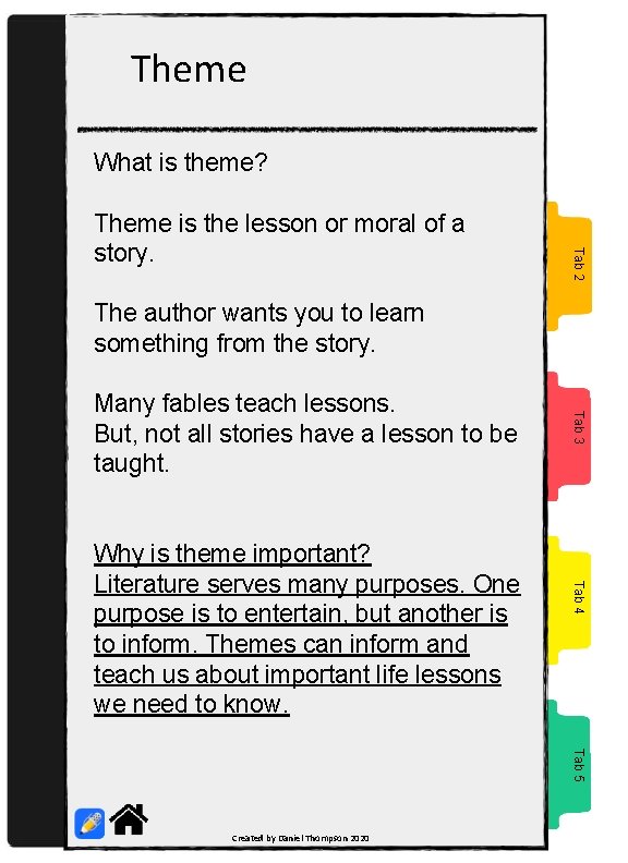 Theme What is theme? Tab 2 Theme is the lesson or moral of a