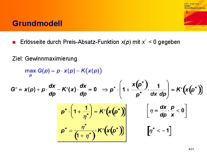 Grundmodell n Erlösseite durch Preis-Absatz-Funktion x(p) mit x´ < 0 gegeben Ziel: Gewinnmaximierung 4.