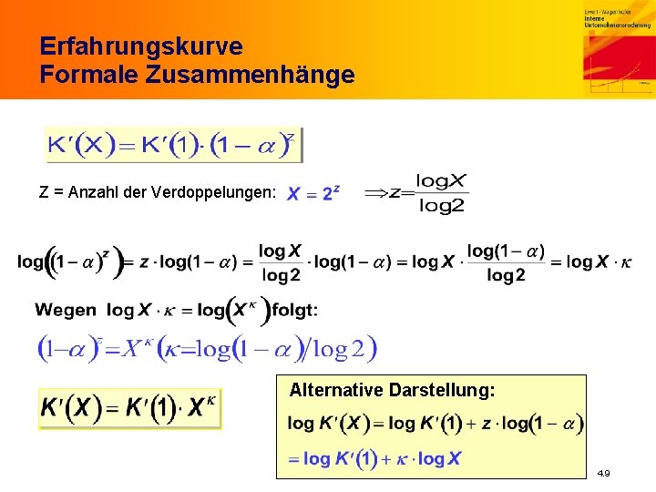 Erfahrungskurve Formale Zusammenhänge Z = Anzahl der Verdoppelungen: Alternative Darstellung: 4. 9 