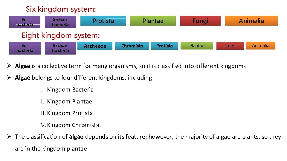 Six kingdom system: Eubacteria Protista Archaebacteria Plantae Fungi Animalia Eight kingdom system: Eubacteria Archaebacteria