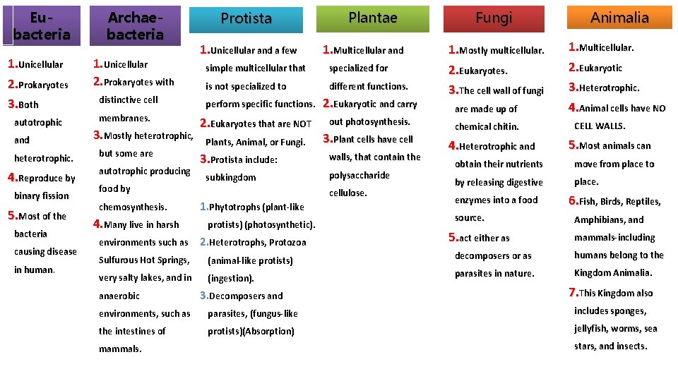 Eubacteria Archaebacteria 1. Unicellular 2. Prokaryotes 3. Both 1. Unicellular 2. Prokaryotes with autotrophic