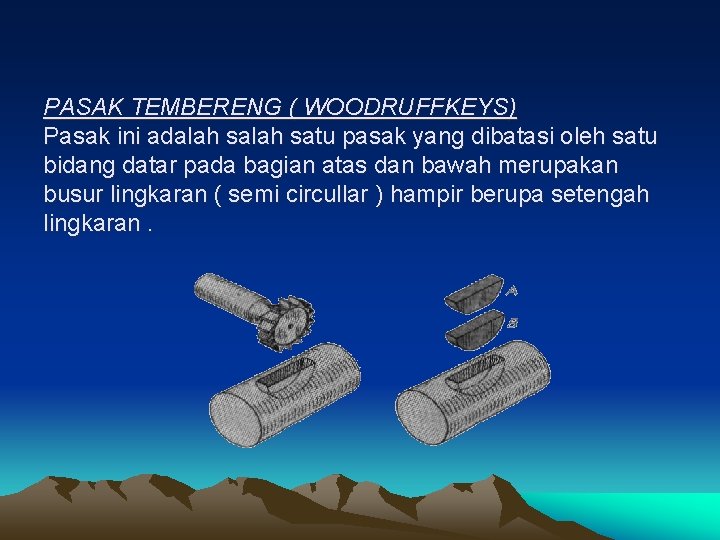 PASAK TEMBERENG ( WOODRUFFKEYS) Pasak ini adalah satu pasak yang dibatasi oleh satu bidang