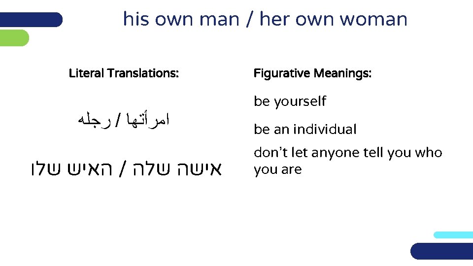 his own man / her own woman Literal Translations: ﺭﺟﻠﻪ / ﺍﻣﺮﺃﺘﻬﺎ האיש שלו
