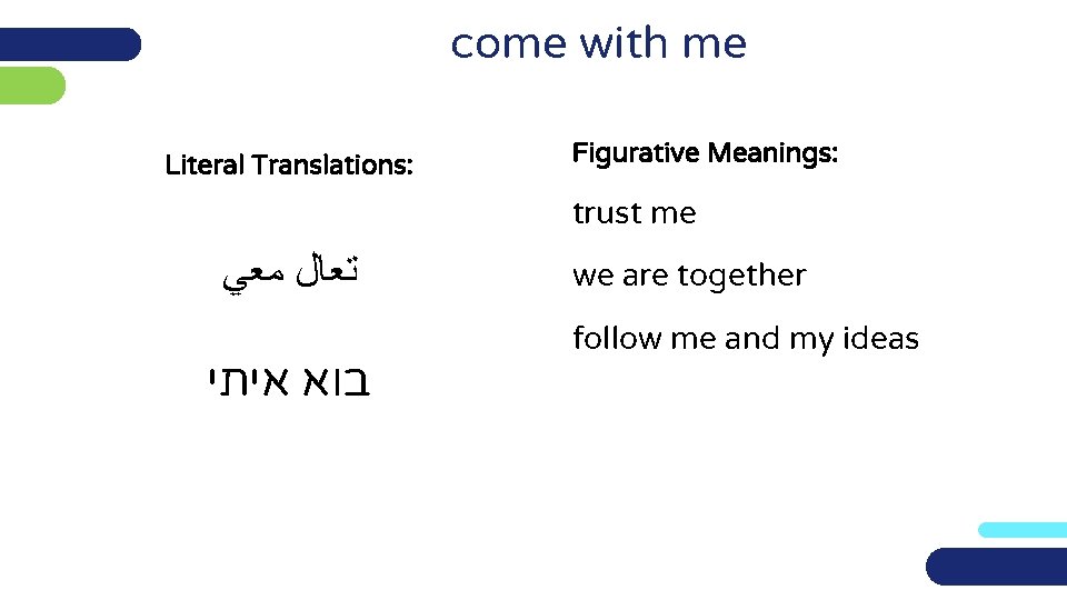 come with me Literal Translations: Figurative Meanings: trust me ﺗﻌﺎﻝ ﻣﻌﻲ בוא איתי we