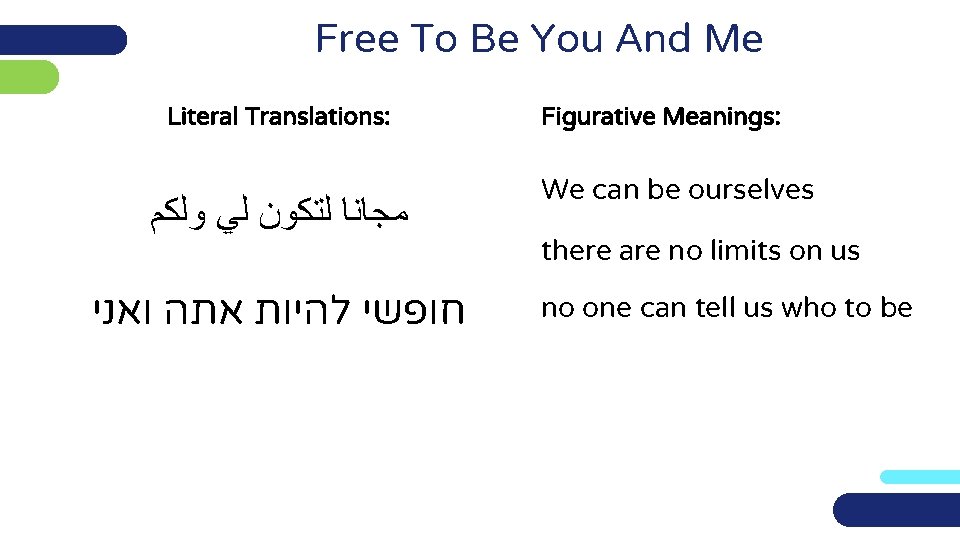 Free To Be You And Me Literal Translations: ﻣﺠﺎﻧﺎ ﻟﺘﻜﻮﻥ ﻟﻲ ﻭﻟﻜﻢ Figurative Meanings: