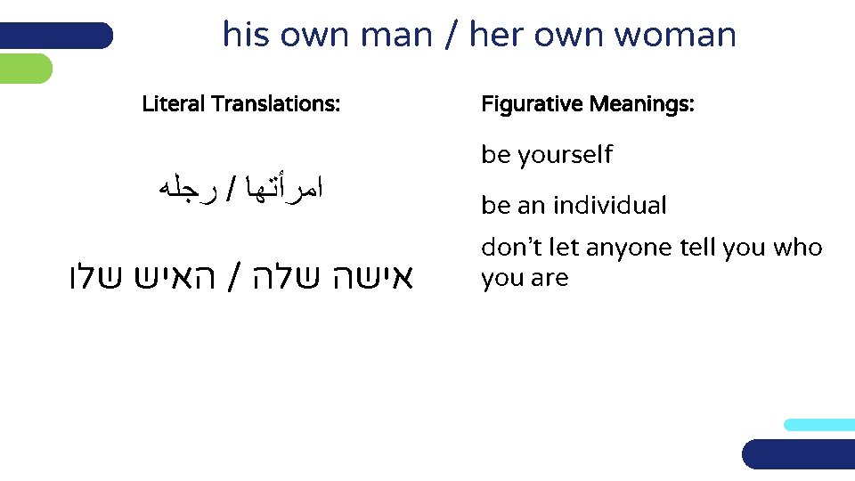 his own man / her own woman Literal Translations: ﺭﺟﻠﻪ / ﺍﻣﺮﺃﺘﻬﺎ האיש שלו