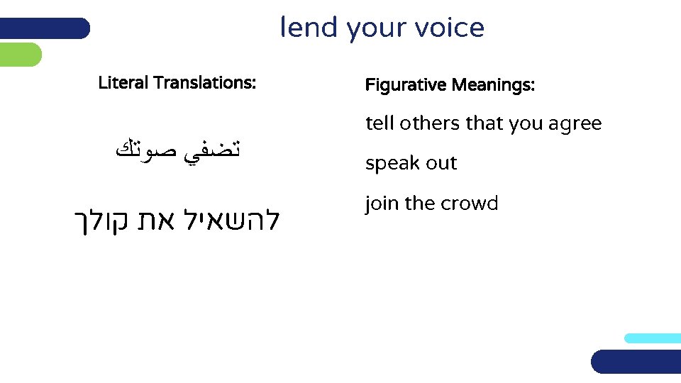lend your voice Literal Translations: ﺗﻀﻔﻲ ﺻﻮﺗﻚ להשאיל את קולך Figurative Meanings: tell others