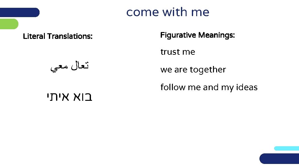 come with me Literal Translations: Figurative Meanings: trust me ﺗﻌﺎﻝ ﻣﻌﻲ בוא איתי we