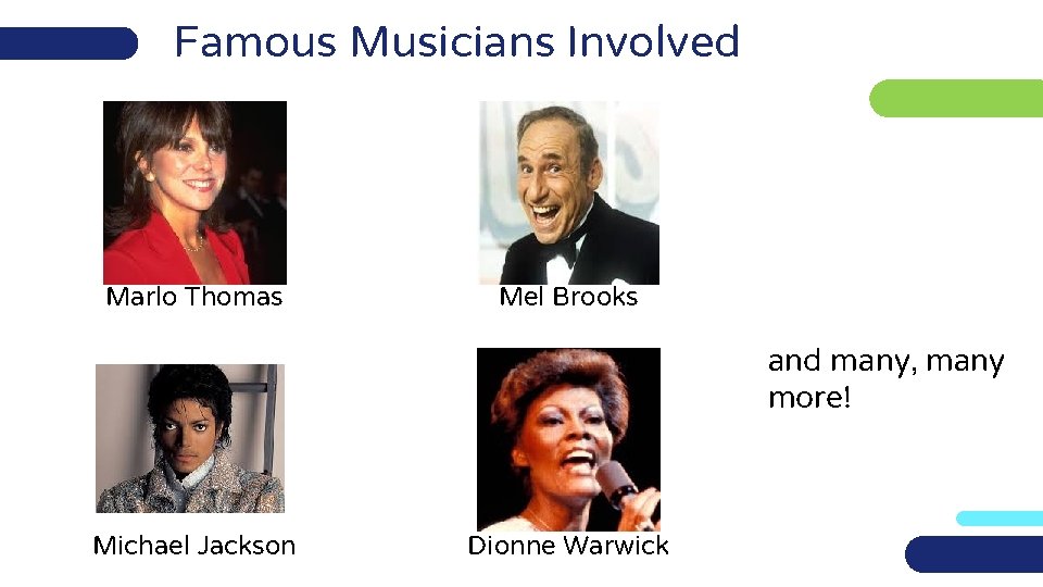 Famous Musicians Involved Marlo Thomas Mel Brooks and many, many more! Michael Jackson Dionne