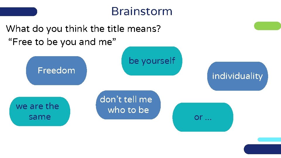 Brainstorm What do you think the title means? “Free to be you and me”