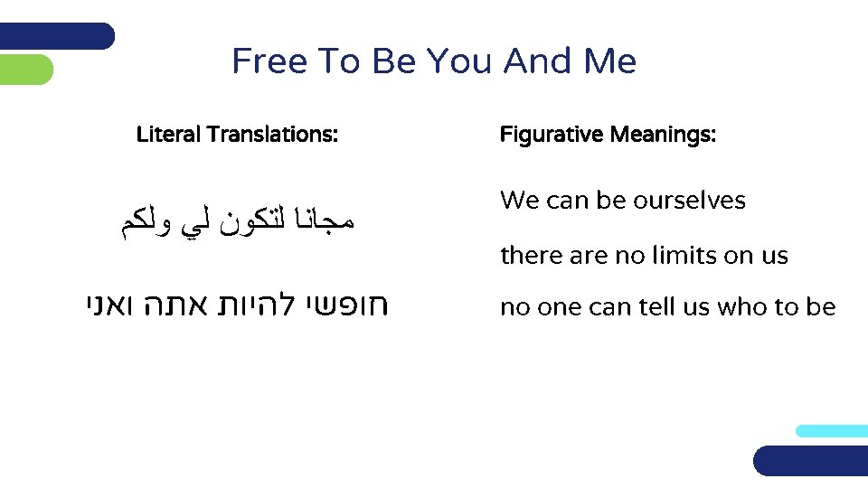 Free To Be You And Me Literal Translations: ﻣﺠﺎﻧﺎ ﻟﺘﻜﻮﻥ ﻟﻲ ﻭﻟﻜﻢ Figurative Meanings: