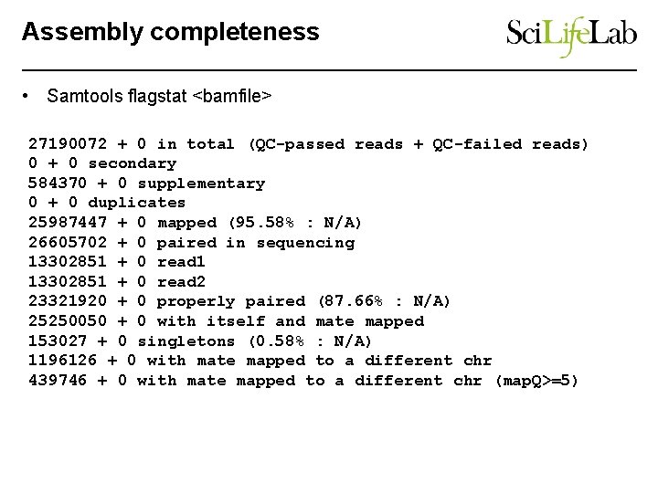 Assembly completeness • Samtools flagstat <bamfile> 27190072 + 0 in total (QC-passed reads +
