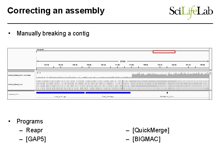 Correcting an assembly • Manually breaking a contig • Programs – Reapr – [GAP
