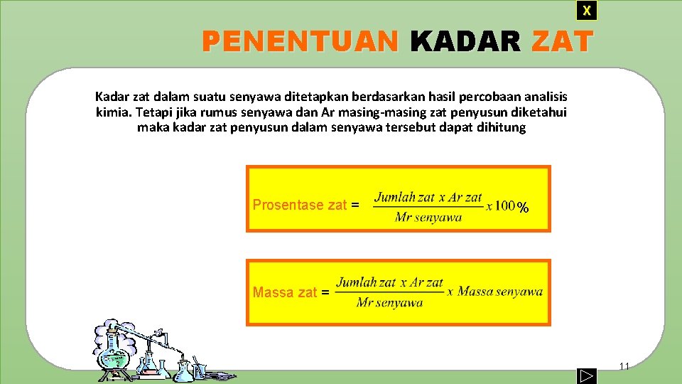 X PENENTUAN KADAR ZAT Kadar zat dalam suatu senyawa ditetapkan berdasarkan hasil percobaan analisis