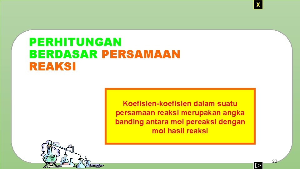 X PERHITUNGAN BERDASAR PERSAMAAN REAKSI Koefisien-koefisien dalam suatu persamaan reaksi merupakan angka banding antara